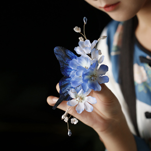 空灵清冷感蓝色羽毛蝴蝶女清汉女头饰 侧边发夹唐风汉服旗袍边夹