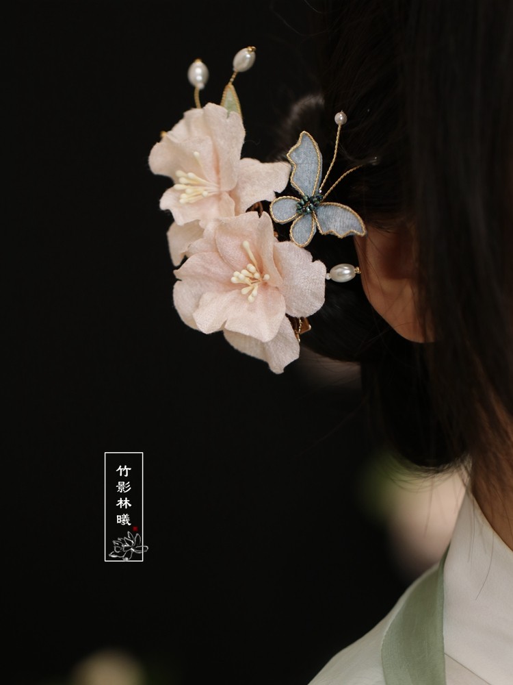蝶恋花 发夹八字刘海边夹花朵会动的蝴蝶精致小边夹 汉服旗袍夹子
