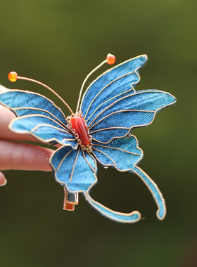 南歌子 发夹边夹子 侧边蝴蝶唐风明制蓝色仿绒花超仙汉服配饰头饰