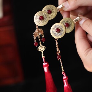 铜钱发夹 新中式红色中式边夹旗袍战国袍 汉服头饰后压婚礼马面裙