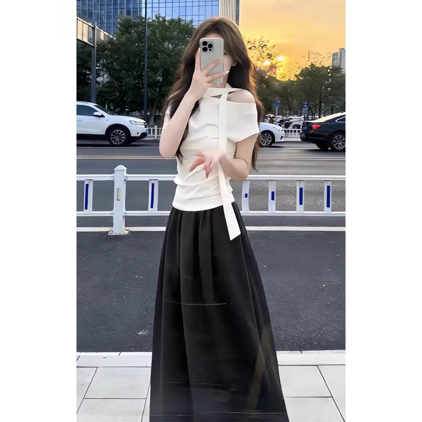 小心机斜肩上衣+搭配a字半身裙两件套装2026夏简约气质一整套套装