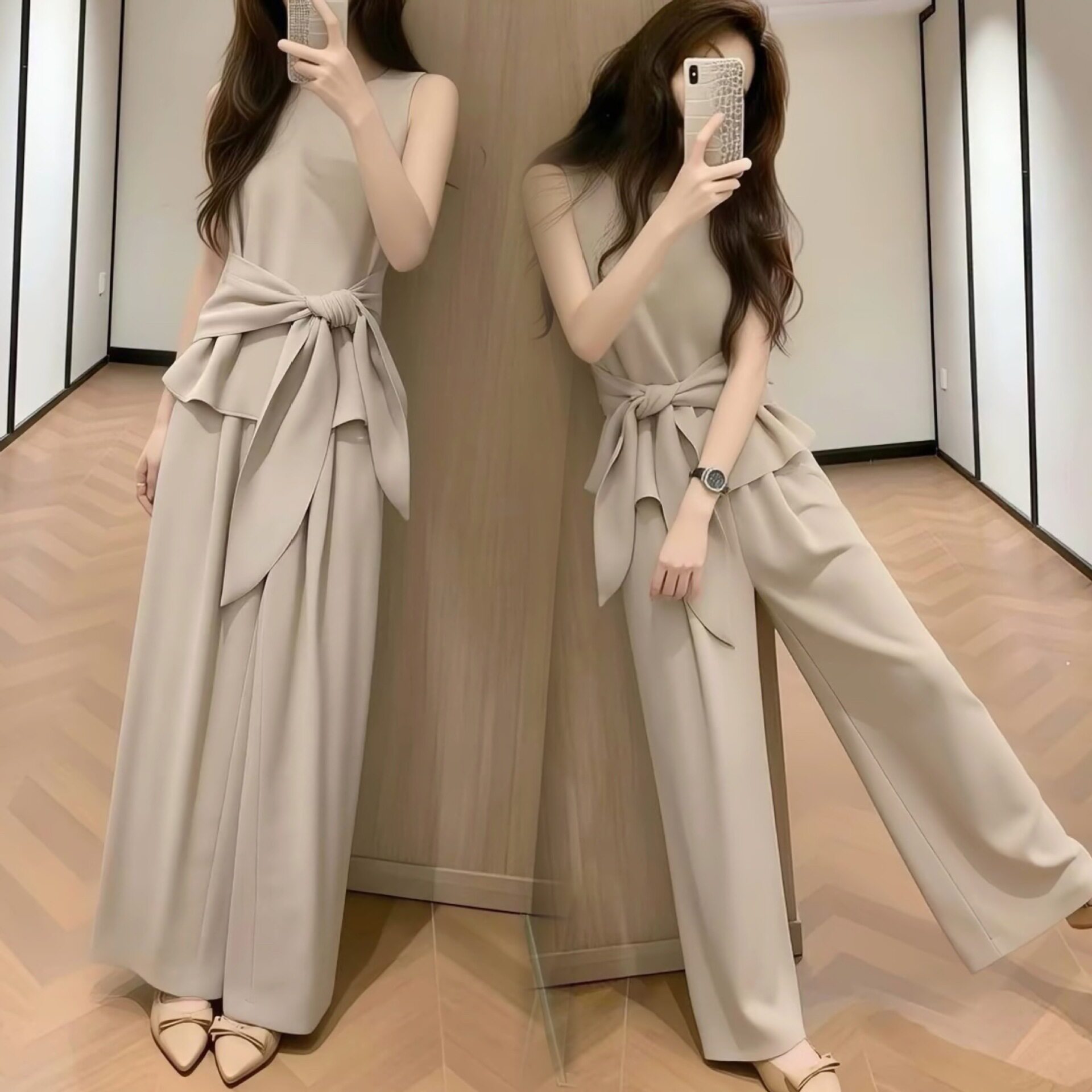 小个子无袖上衣高腰阔腿裤两件套女春新款超好看穿搭一整休闲套装