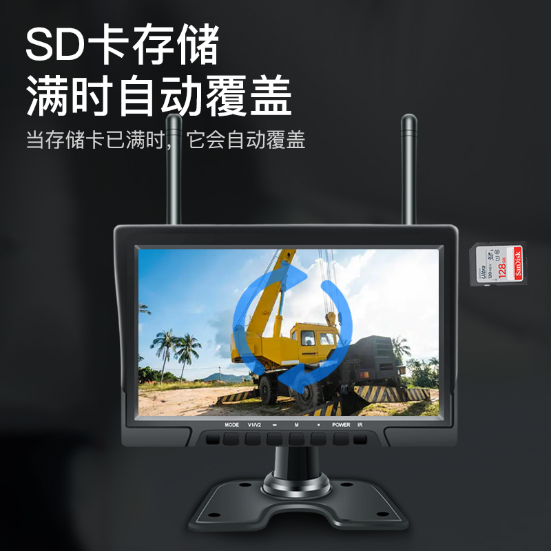 10.1寸无线2.4G监控套装车载显示器4路视频1080P高清AHD单SD卡