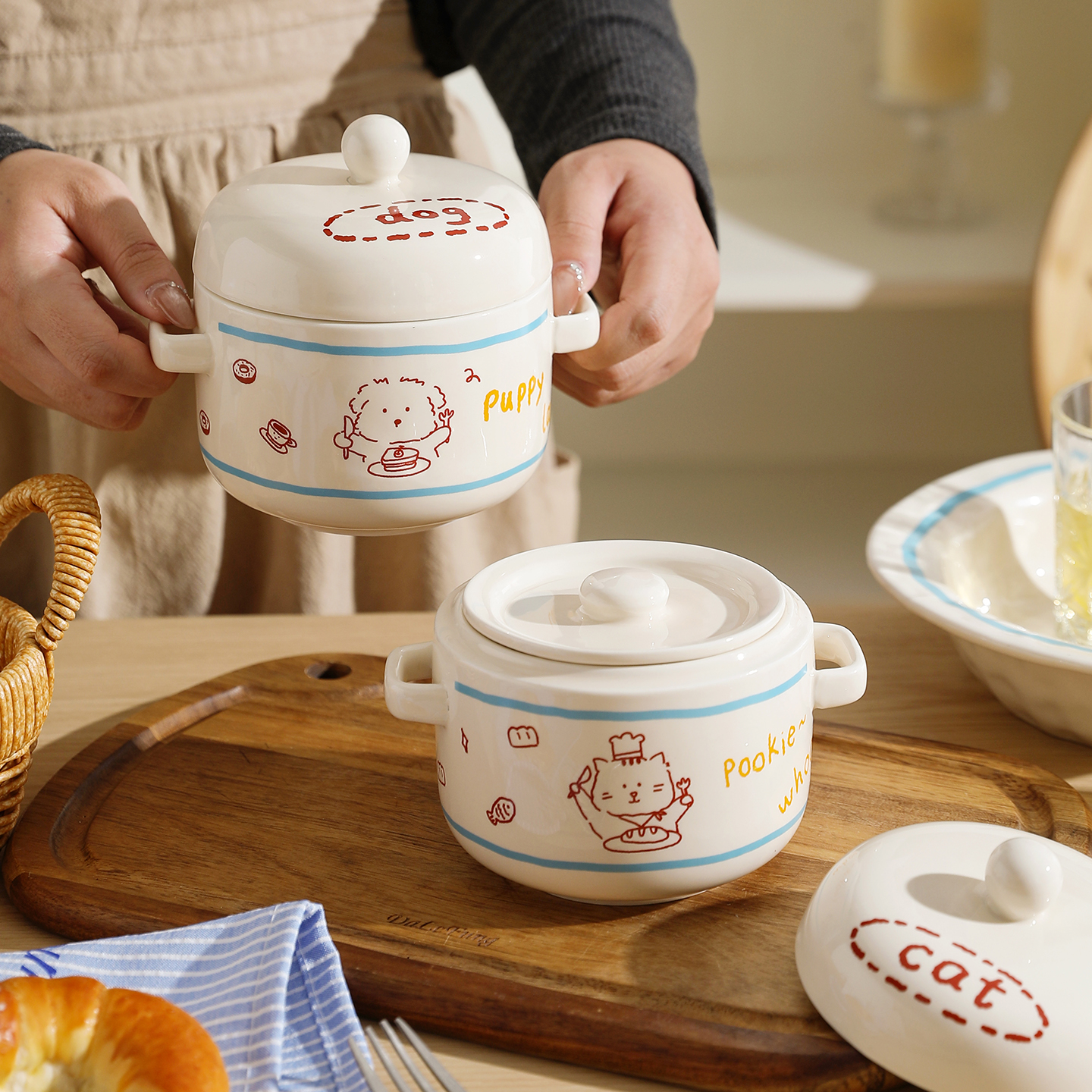 舍里可爱陶瓷炖盅带盖家用一人食隔水炖汤盅双耳蒸蛋碗煲汤瓦罐