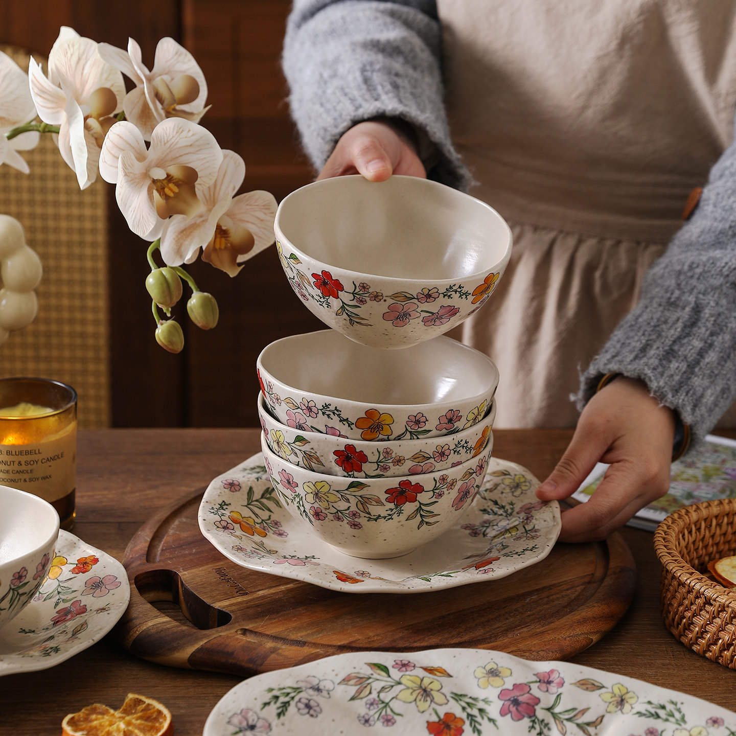 舍里田园风陶瓷碗碟套装家用碗盘餐具小清新米饭碗汤碗菜盘西餐盘,餐饮具,碗,淘宝优惠券,粉丝福利购,淘宝优惠卷