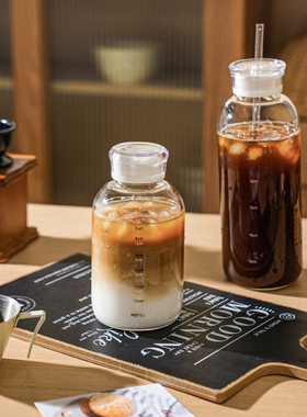 舍里时间刻度玻璃水杯子冷泡瓶冷萃咖啡杯大容量吸管杯带盖牛奶杯