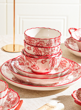 舍里玫瑰皇后红色餐具家用陶瓷米饭碗喜庆汤面碗新婚结婚碗盘套装