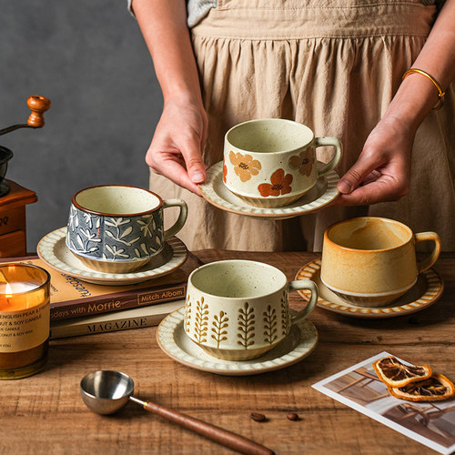 舍里耐高温复古粗陶咖啡杯碟套装