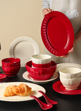 舍里吃饭碗新婚餐具饭碗陶瓷小碗红色高级感结婚陪嫁乔迁新居碗盘