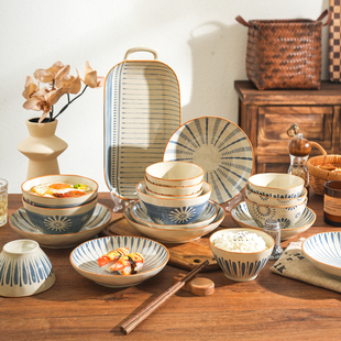 舍里日式复古陶瓷盘子餐具套装家用釉下彩菜盘子米饭碗餐盘汤盘