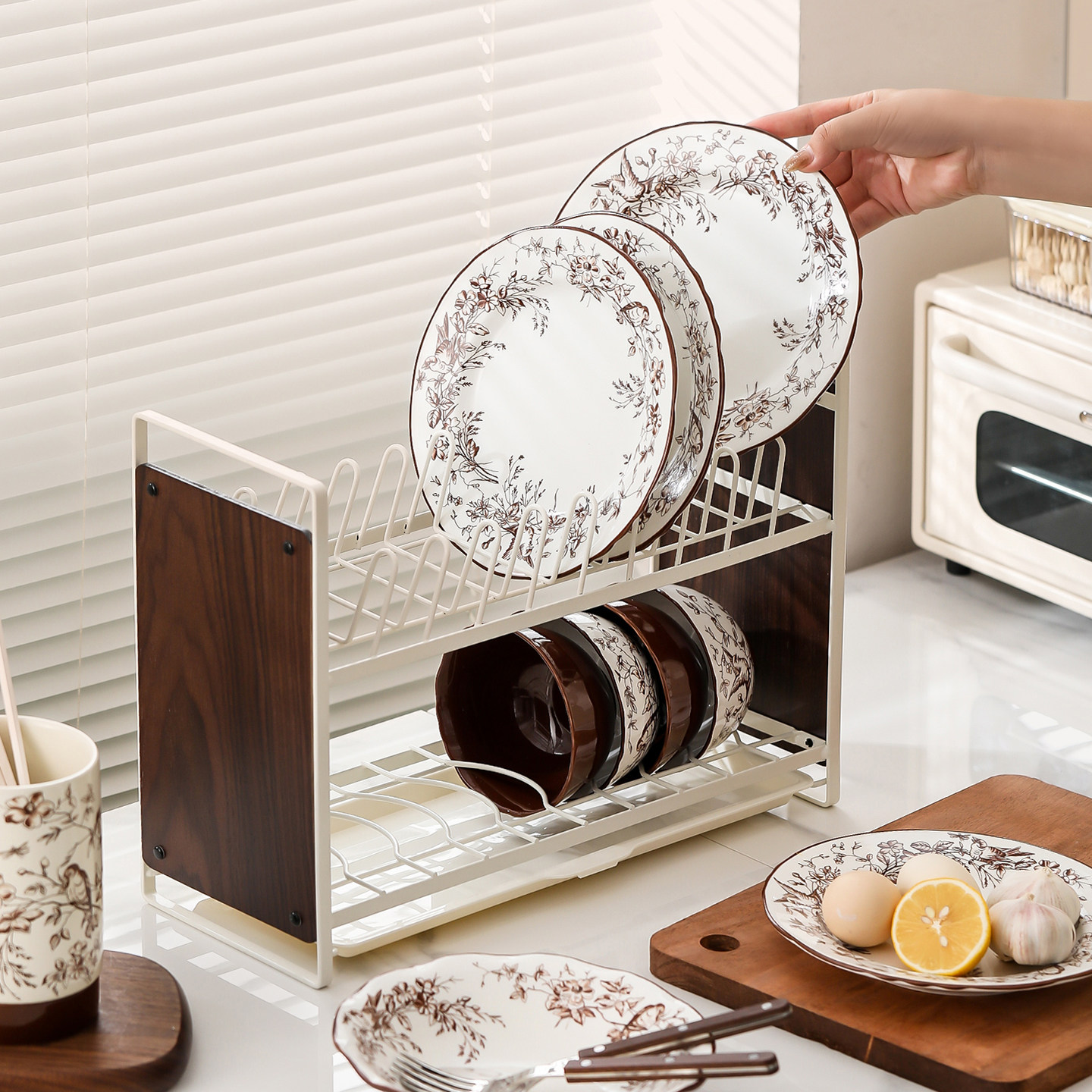 舍里中古风碗碟收纳架厨房台面餐具沥水置物架家用双层沥碗晾碗架,厨房/烹饪用具,碗架,淘宝优惠券,粉丝福利购,淘宝优惠卷