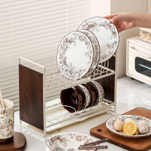 舍里中古风碗碟收纳架厨房台面餐具沥水置物架家用双层沥碗晾碗架