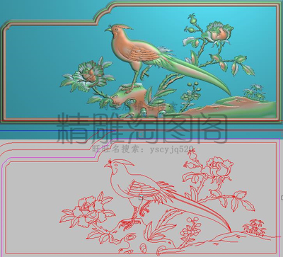牡丹花鸟精雕图灰度图浮雕图精品凤凰牡丹扶手下花侧板横436x186