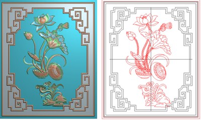 精雕图灰度浮雕图精品和合如意荷花床靠边吧边板莲花266x325新款