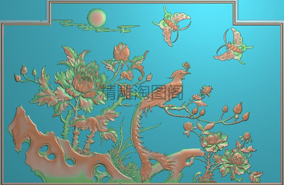 祥云太阳蝴蝶牡丹精雕图花鸟灰度浮雕精品凤凰牡丹椅背板650x425