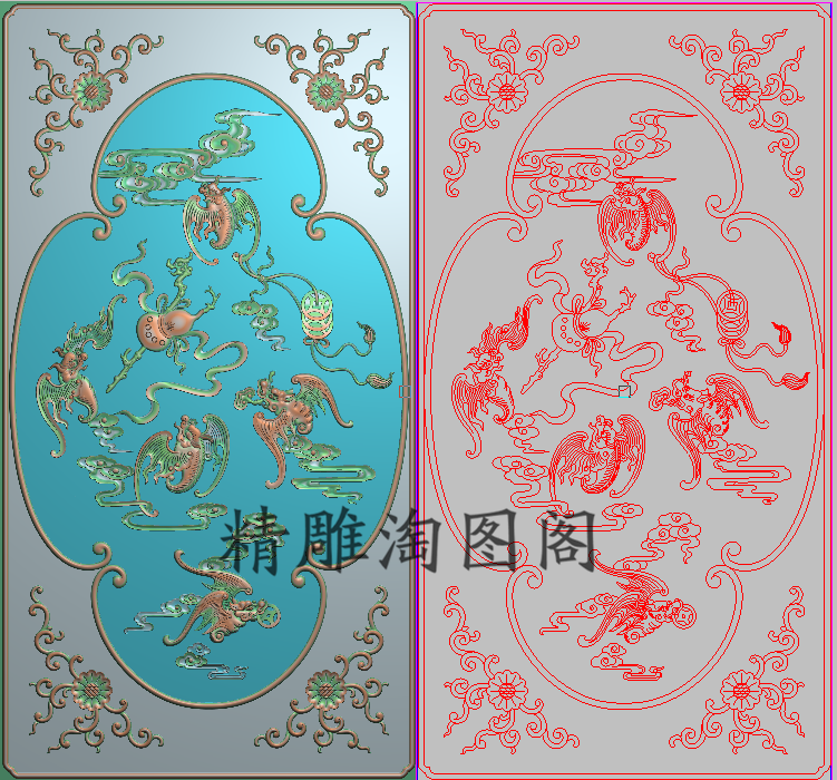 蝙蝠祥云门板精雕图洋花角花浮雕图五福临门铜钱葫芦竖板379x710