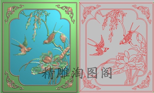 精雕图花鸟沙发背板边板灰度图浮雕荷花莲花柳树燕子门板313x261