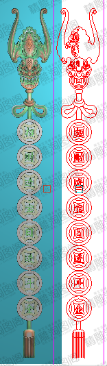 新款精雕图jdp灰度图浮雕蝙蝠吊铜钱金钱招财进宝边中柱子69x527