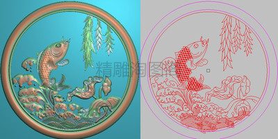 圆荷花鱼精雕图灰度水纹浪花浮雕图精品鱼水之欢柳树背板200x200