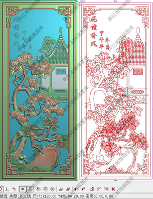 精雕图枫树松灰度图浮雕图花阴香风山水背板门板竖板180x435新款