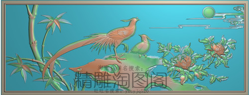 祥云凤凰牡丹精雕图花鸟灰度图浮雕图精品竹子凤凰2大背板900x346
