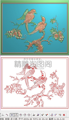 新款花鸟精雕图灰度板鹦鹉浮雕图精品葡萄双鸟沙发椅背板339x273