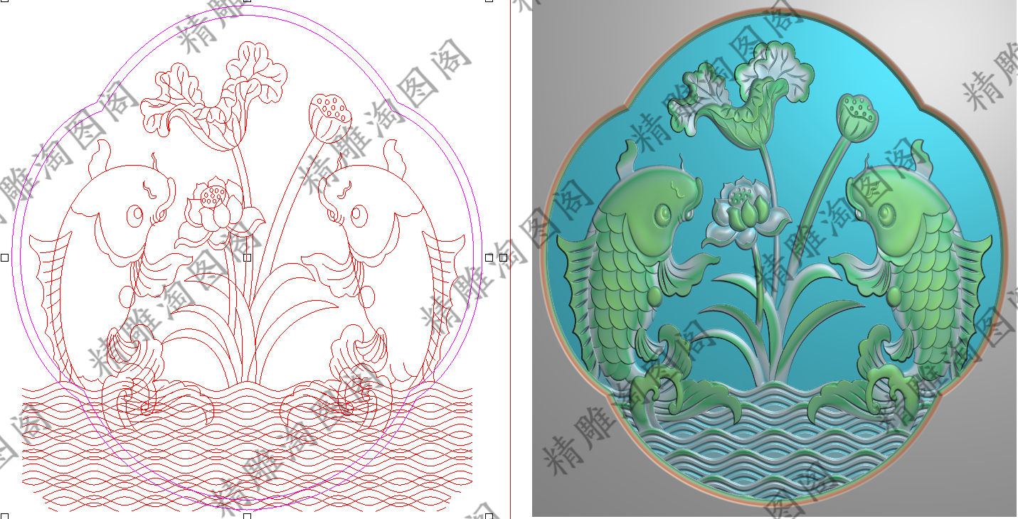 精雕图柜子门板双鱼水纹波浪荷花莲花大床床头沙发靠背板253x271