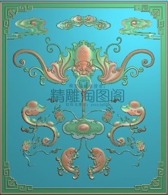 祥云蝙蝠精雕图灰度浮雕精品蝙蝠吊双鱼如意铜钱背板门板414x478