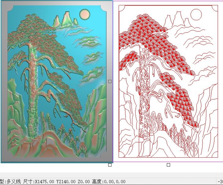 迎客松竖板精雕图山水太阳松树灰度图浮雕图屏风背板门板木雕石雕