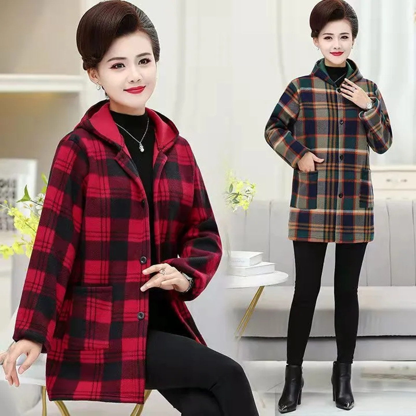 加绒加厚罩衣中老年中长款工作服