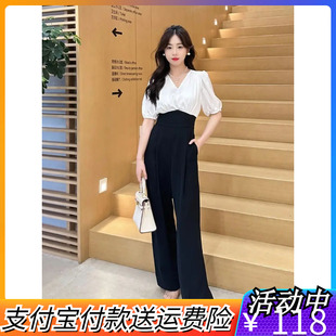小个子阔腿长裤休闲气质薄款套装女显瘦高腰夏季高级感连体裤宽松