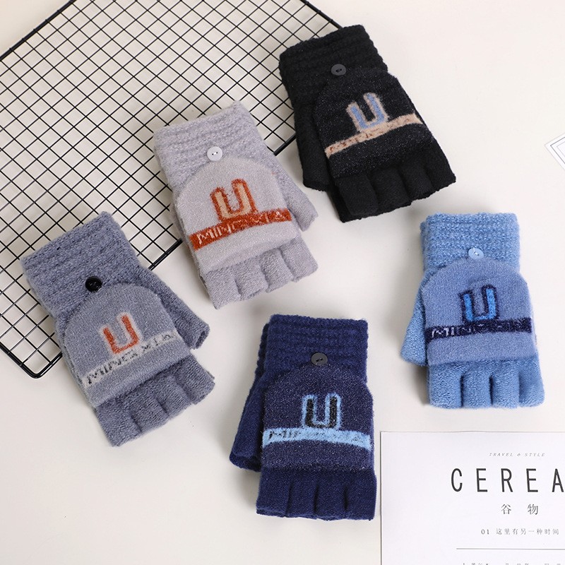 冬季男士翻盖俩用手套成人针织半指保暖加厚手套户外防冻uj76