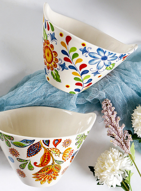 OMK创意彩绘面碗釉下彩陶瓷双耳斗笠碗家用新款2023嗦粉碗水果碗