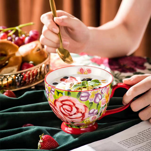 田园风陶瓷手绘早餐杯高颜值