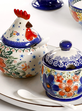OMK 创意波兰风陶瓷调味罐家用釉下彩小众个性盐罐带勺大容量糖罐