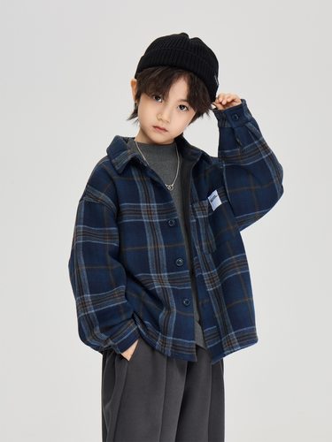 2025冬季新款儿童日系复古加厚衬衣外套男中大童一体绒格子衬衫潮