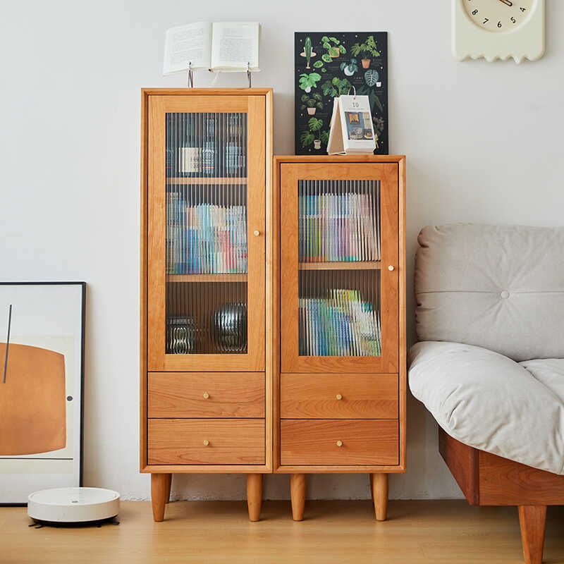 北欧窄柜实木边柜原木樱桃木橡木日式简约酒柜家用小书柜玻璃门柜