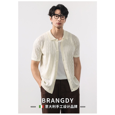Brangdy意大利夏季意式老钱短袖衬衫男新款镂空开衫短袖针织衫