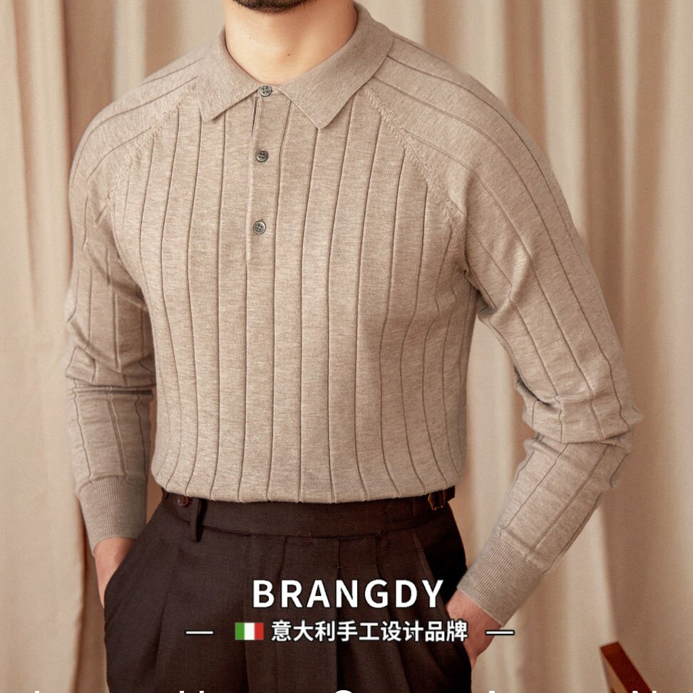 Brangdy意大利秋冬英伦翻领长袖POLO薄款羊毛桑蚕丝打底针织衫男