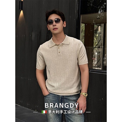 Brangdy意大利镂空针织polo衫男夏季薄款透气亚麻短袖冰丝商务t恤