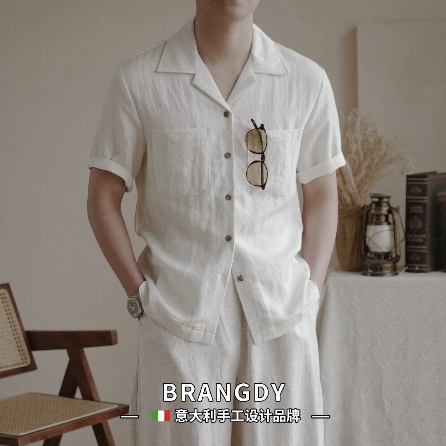 Brangdy意大利天丝亚麻混纺古巴领短袖衬衫男士V领休闲麻白衬衣