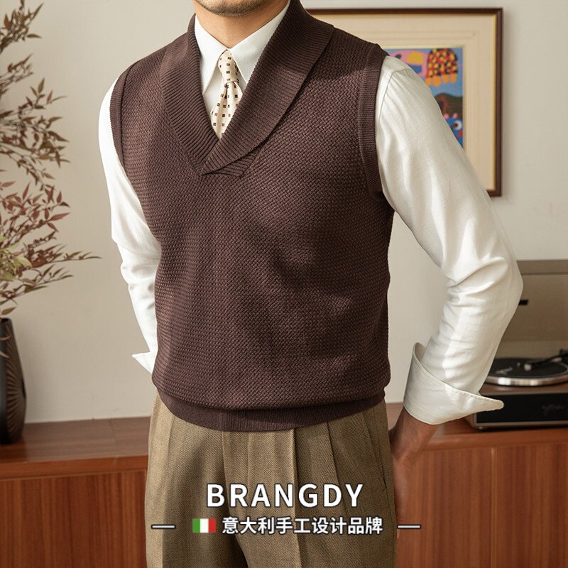 Brangdy意大利秋冬青果领针织衫休闲保暖毛衣马甲通勤套头背心男