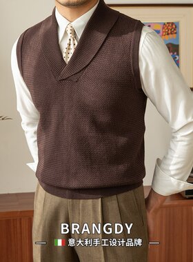 Brangdy意大利秋冬青果领针织衫休闲保暖毛衣马甲通勤套头背心男