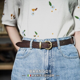 Brangdy意大利纯牛皮针扣复古手工真牛皮带百搭腰带女士裤带休闲