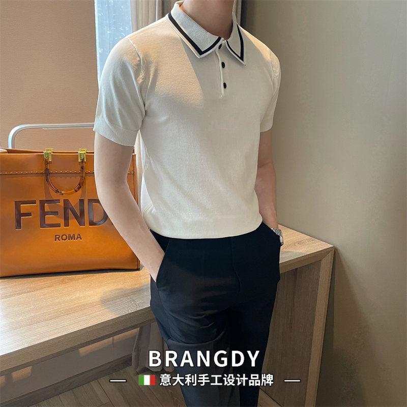 Brangdy意大利复古修身翻领polo衫韩版透气面料短袖针织衫男士潮