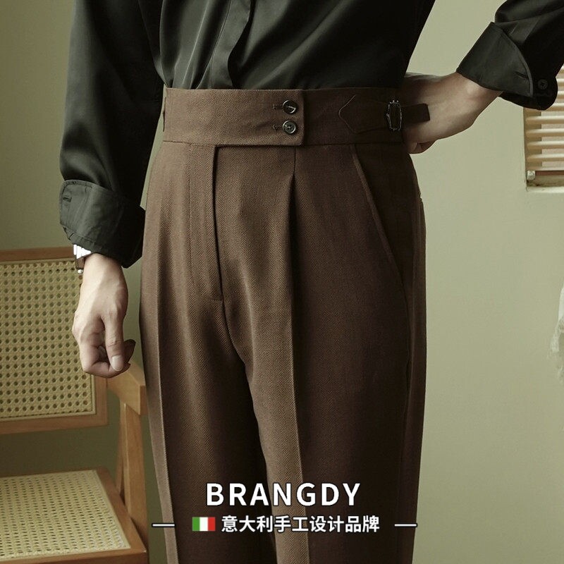 Brangdy意大利那不勒斯垂感休闲裤男咖啡色九分修身长裤十分西裤