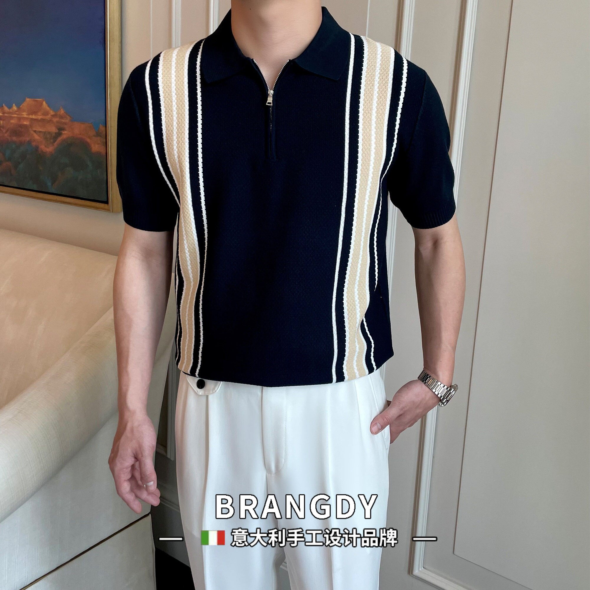 Brangdy意大利短袖Polo衫男士夏季半拉链翻领透气休闲针织上衣T恤