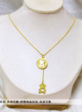 短款小熊吊坠简约风嘻哈钛钢颈链