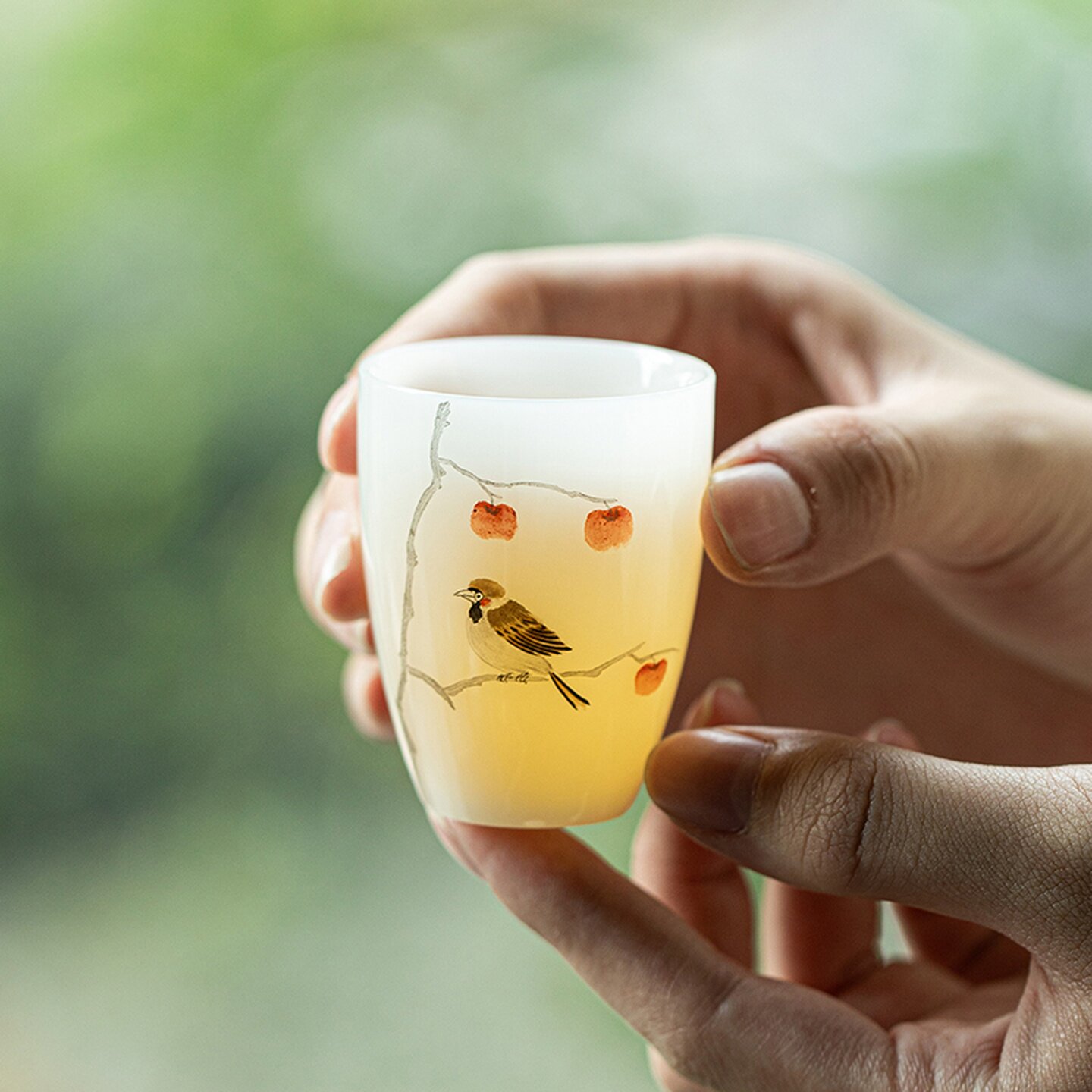 事柿如意杯丹心映雀品茗杯手绘陶瓷茶具居家品茗轻奢雅致功夫茶道