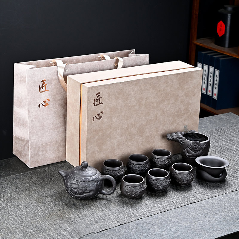 功夫茶具套装 2026 新款茶具茶杯套装礼盒装中国风紫砂浮雕德化县